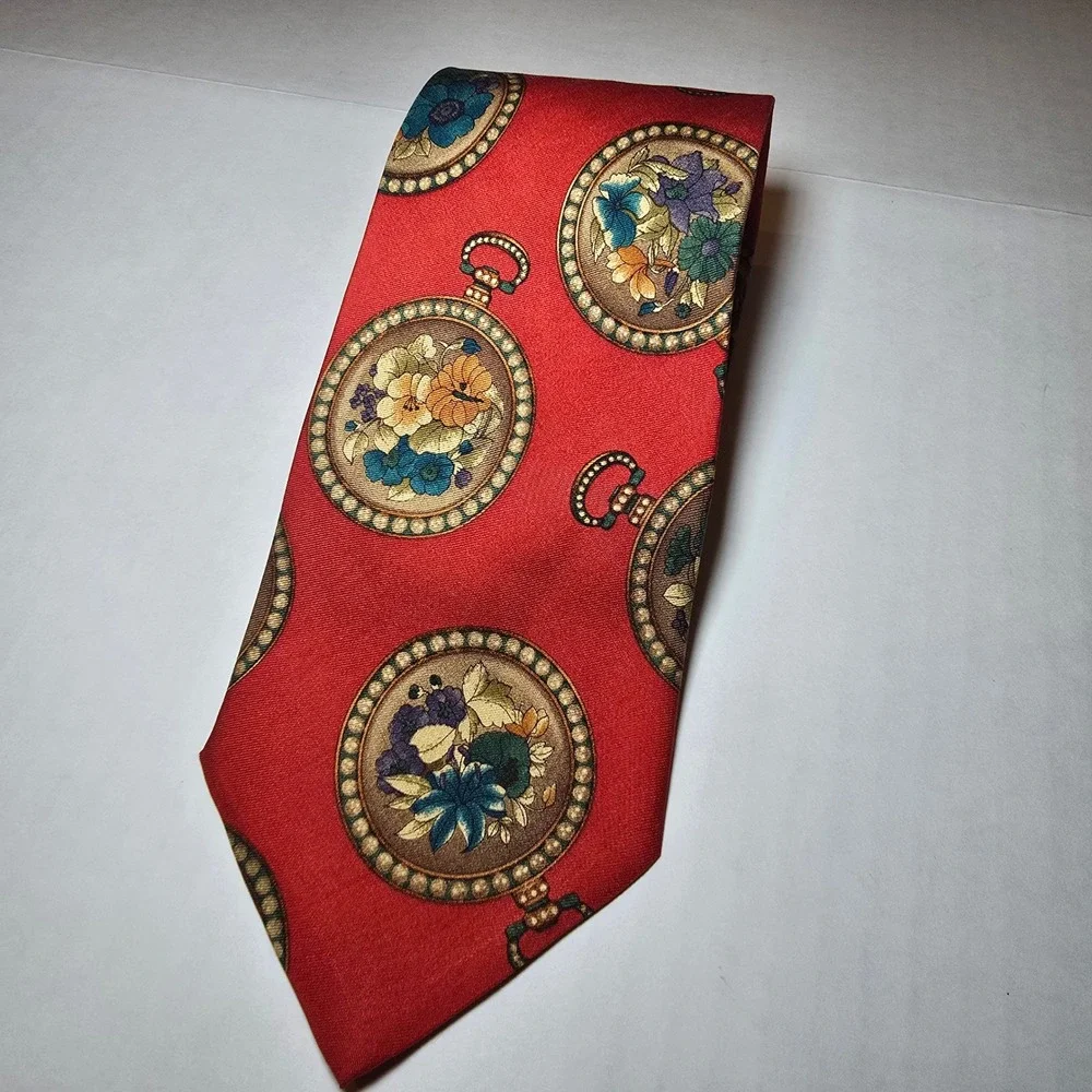 Leonard Paris Mens Red Silk Tie Pocket Watch Floral Made in Italy Designer T-18
